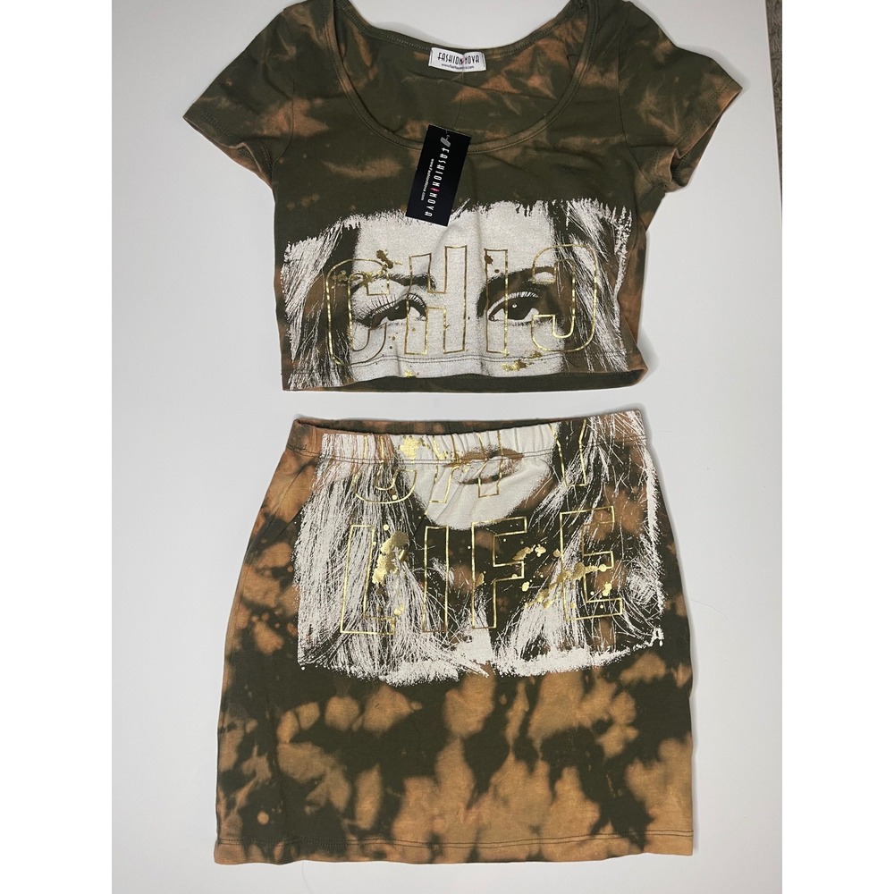 Fashion Nova Tie Dye Thug Life 2 Piece Set Crop Top Mini Skirt Olive Green S